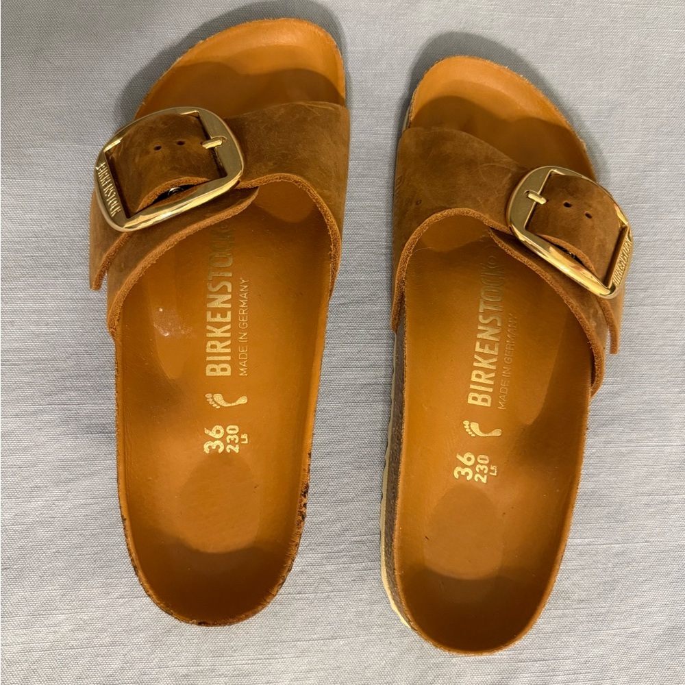 Birkenstock Tan Slide Sandals with Gold Buckle